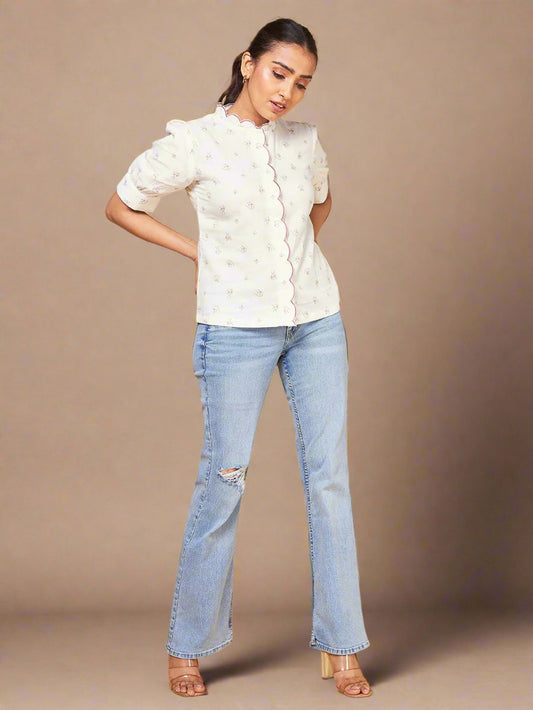 Echoes of Bliss Off-White Ditsy Floral Shirt