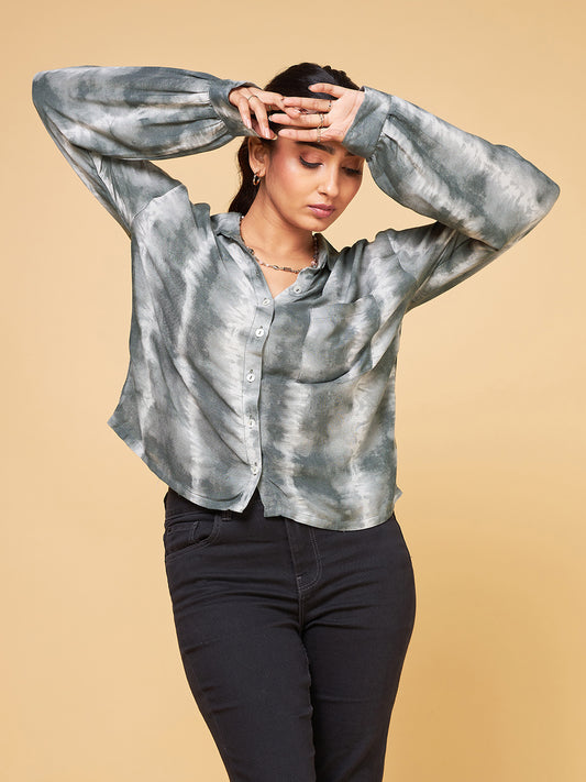 Saaki by Samantha Ruth Prabhu Grey Tie Dye Crop Shirt Front