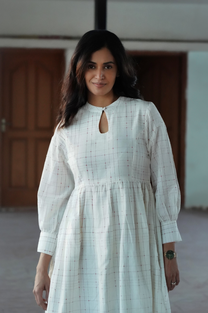 Ornate Oasis Off White Printed Checkered Dress