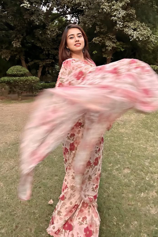 Moonstruck Memoir Chiffon Floral Printed Beige Saree