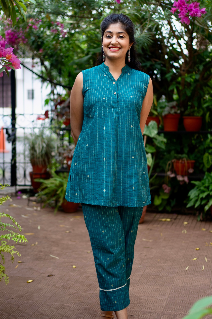 Teal Jacquard Sleeveless Co-ord Set