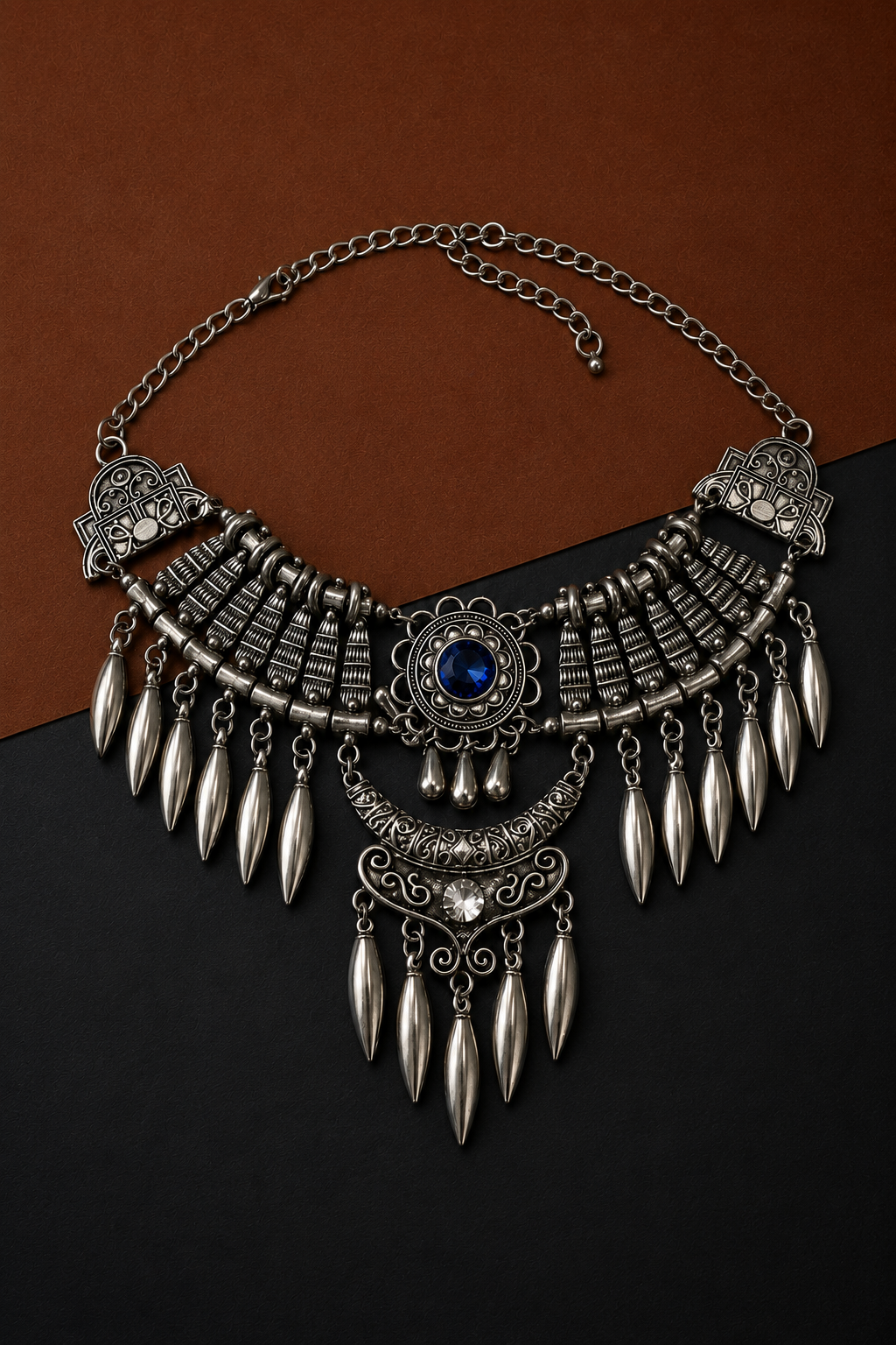 Earth & Silver Ocean Blue Stone Silver Necklace-VII