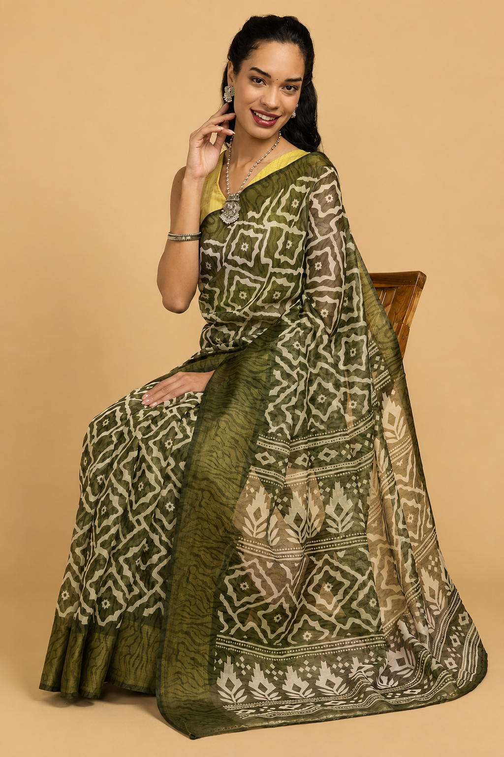 Divine Drapes Green Ikat Design Saree