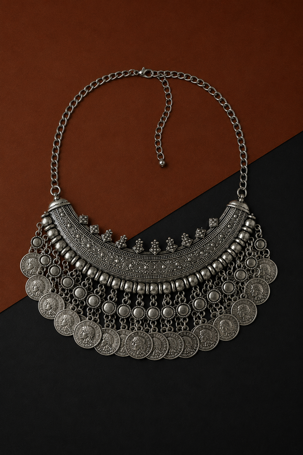 Earth & Silver Crescent Silver Necklace-IX