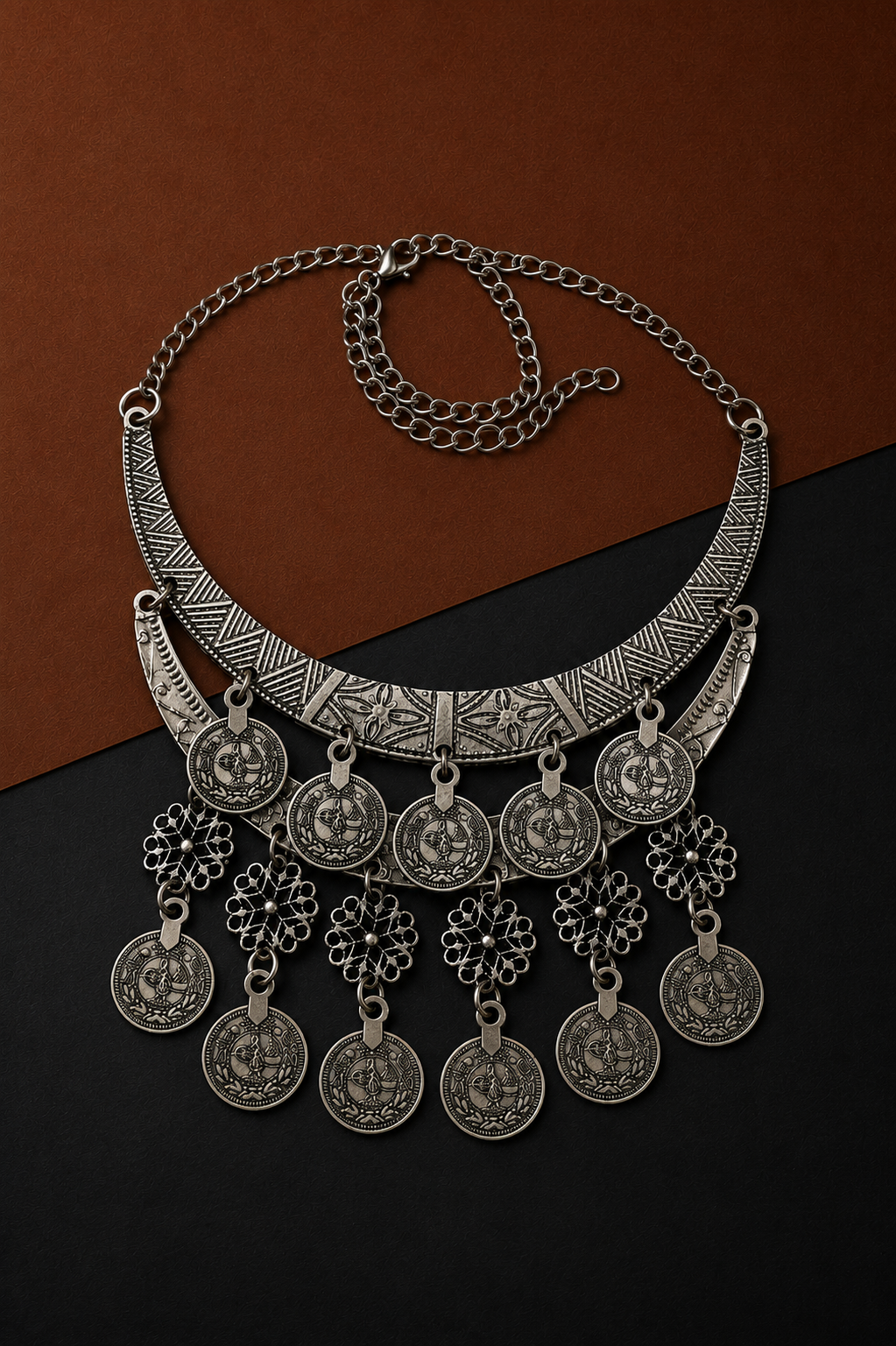 Earth & Silver Double Crescent Moon Necklace-VIII