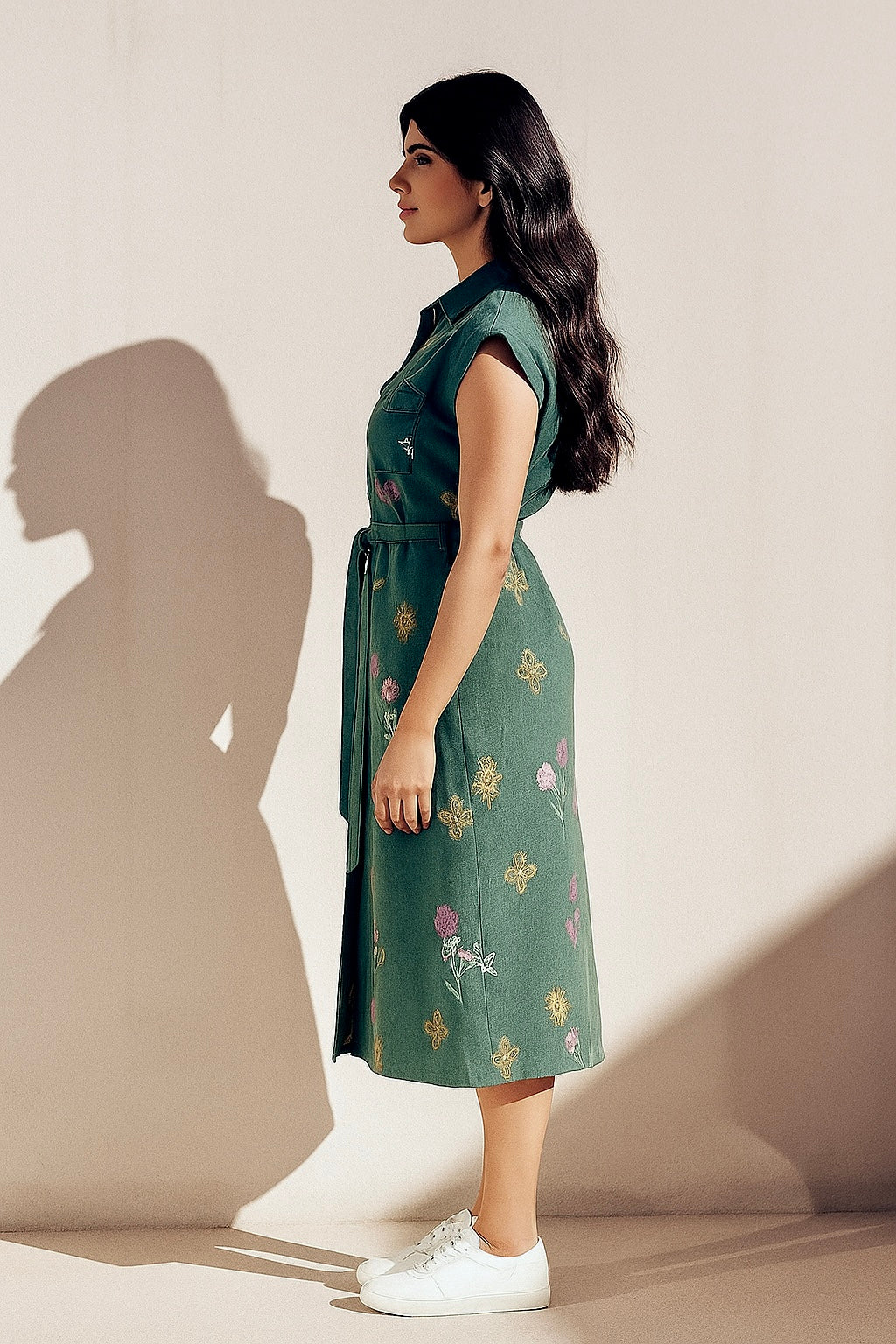 Painterly Green Floral Button Down Dress