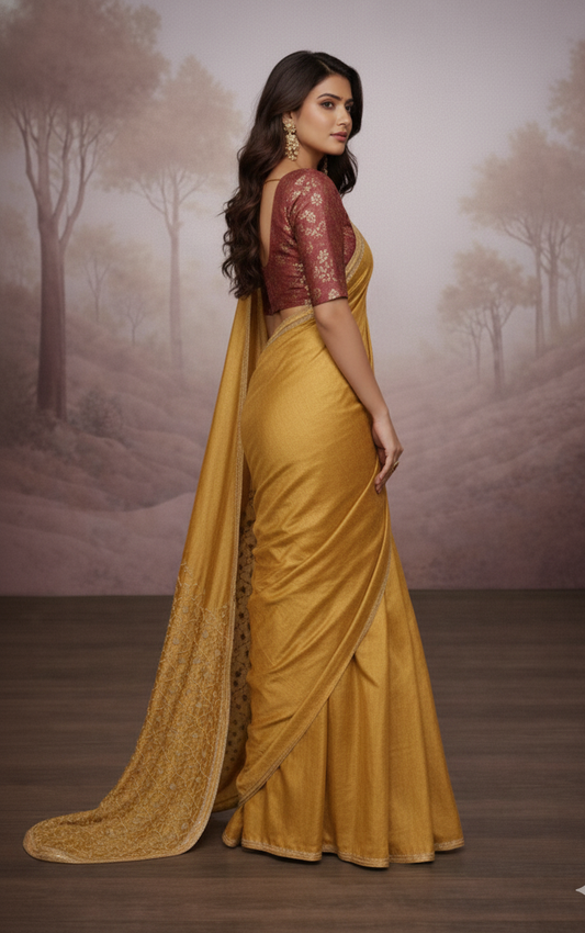 Dance of Duality Embroidered Solid Gold Saree