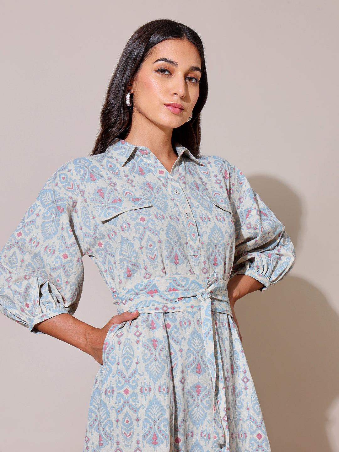 Samantha Ruth Prabhu for SAAKI Summer Crush kaleidoscope Ikat Print Light  Blue Tie Up Dress