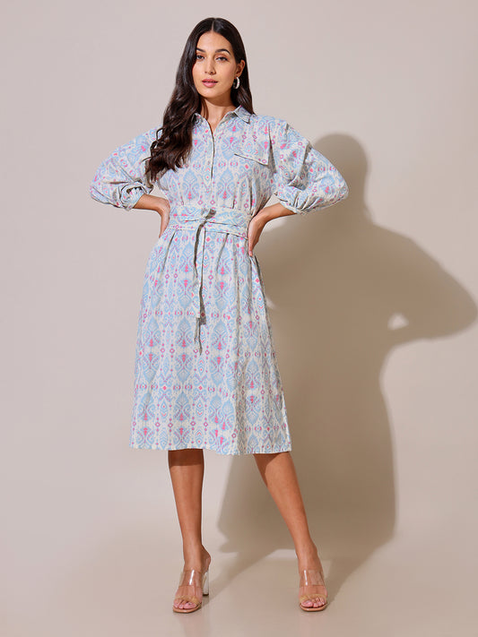 Kaleidoscope Oversized Light Blue Tie Up Dress