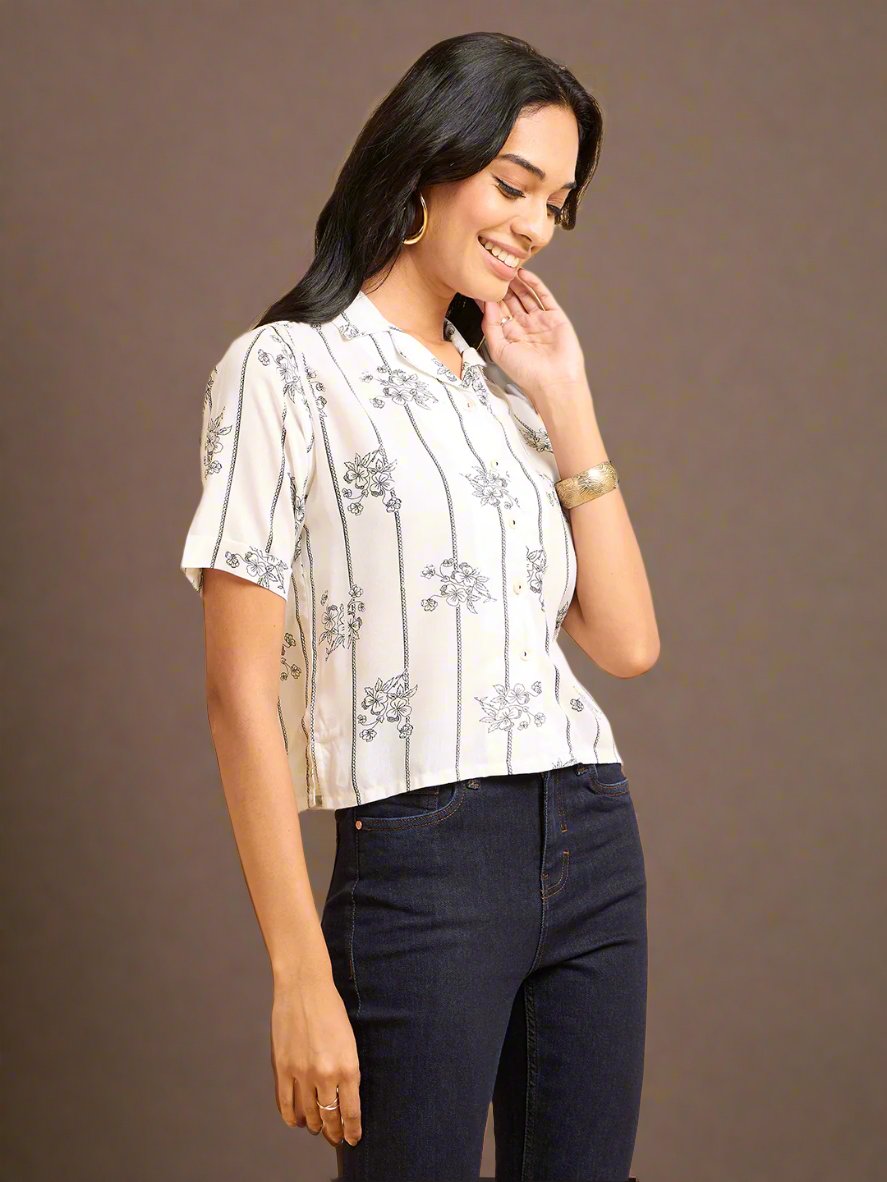 Echoes of Bliss Off-White Floral Print Cropped Half-Sleeve Shirt