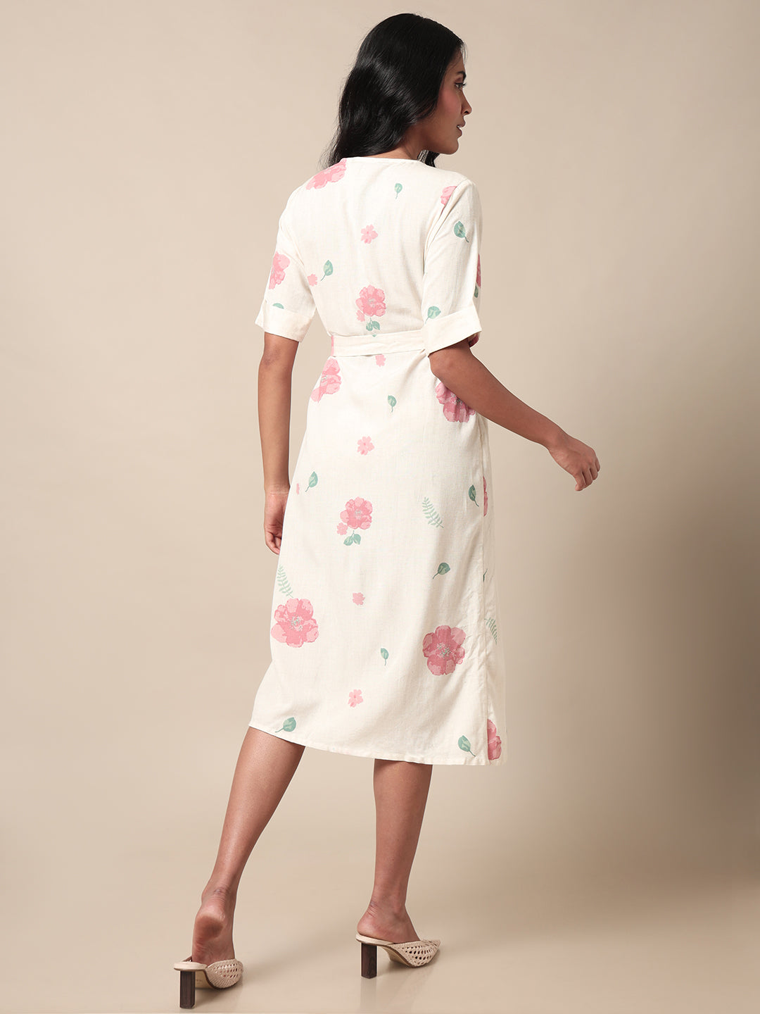 Eclectic Floral Printed Overlap Off White Dress