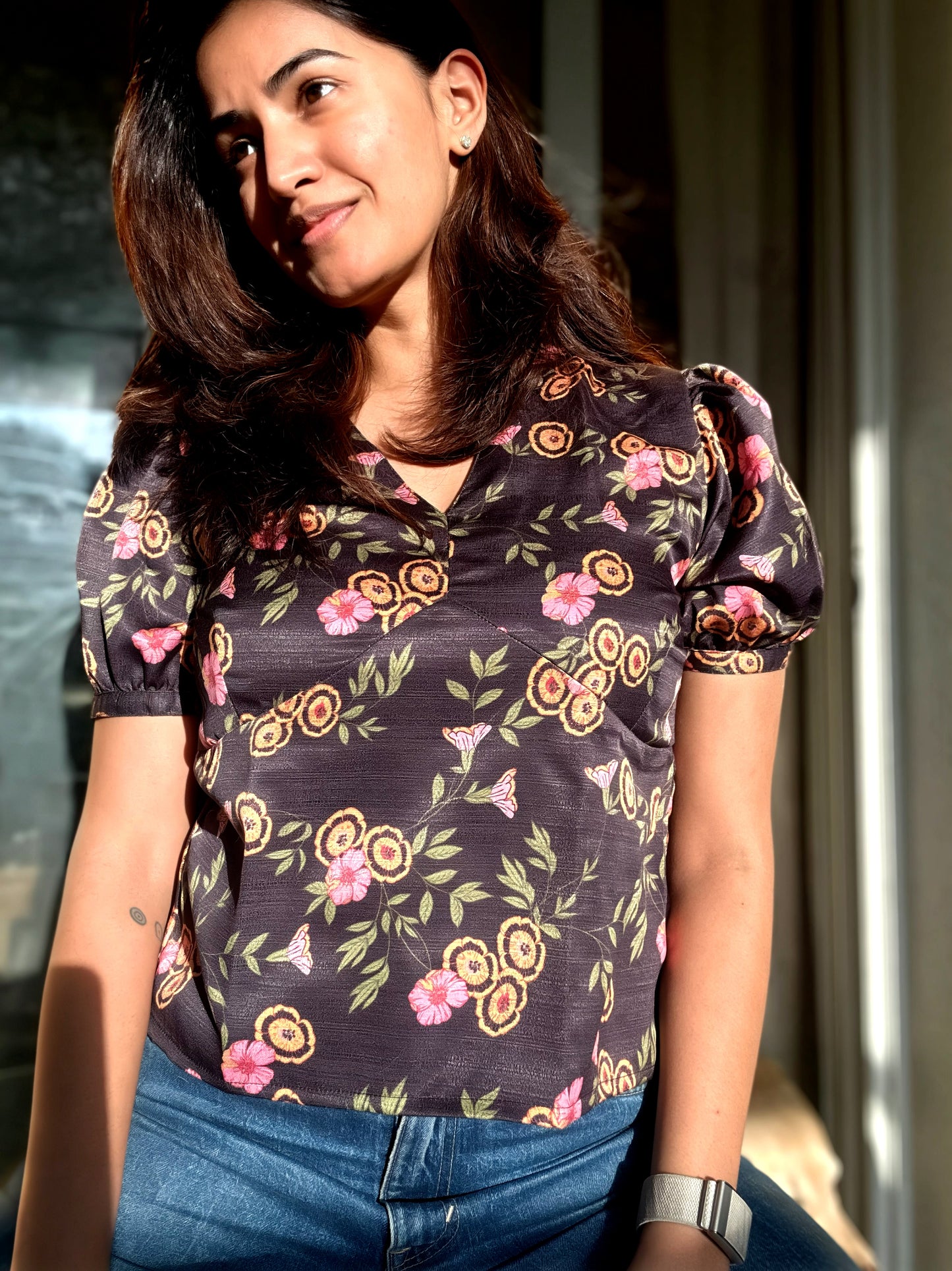Faye Vintage Floral Printed Black Top
