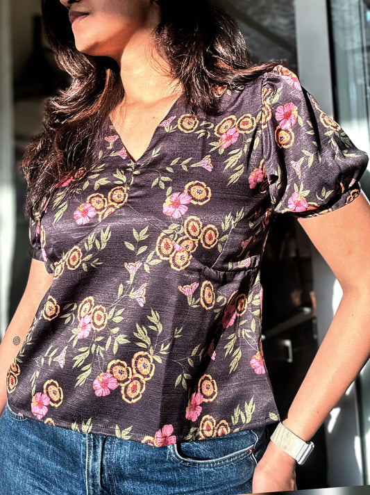 Faye Vintage Floral Printed Black Top