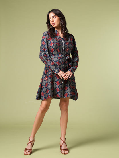 Vibrant Roots Floral Geometric Print Shirt Dress