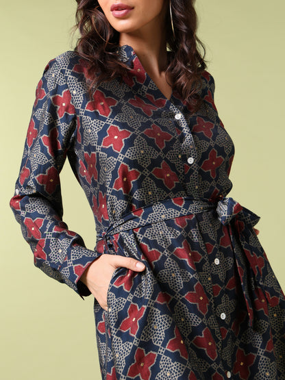 Vibrant Roots Floral Geometric Print Shirt Dress