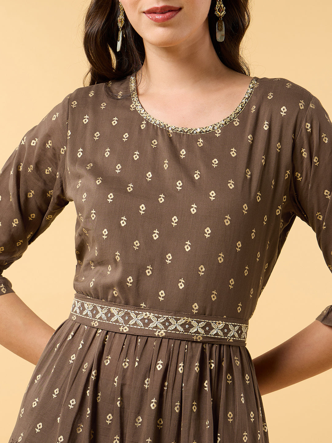 Blooming Elegance Brown Printed Dress