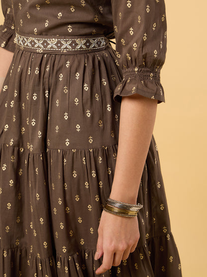 Blooming Elegance Brown Printed Dress