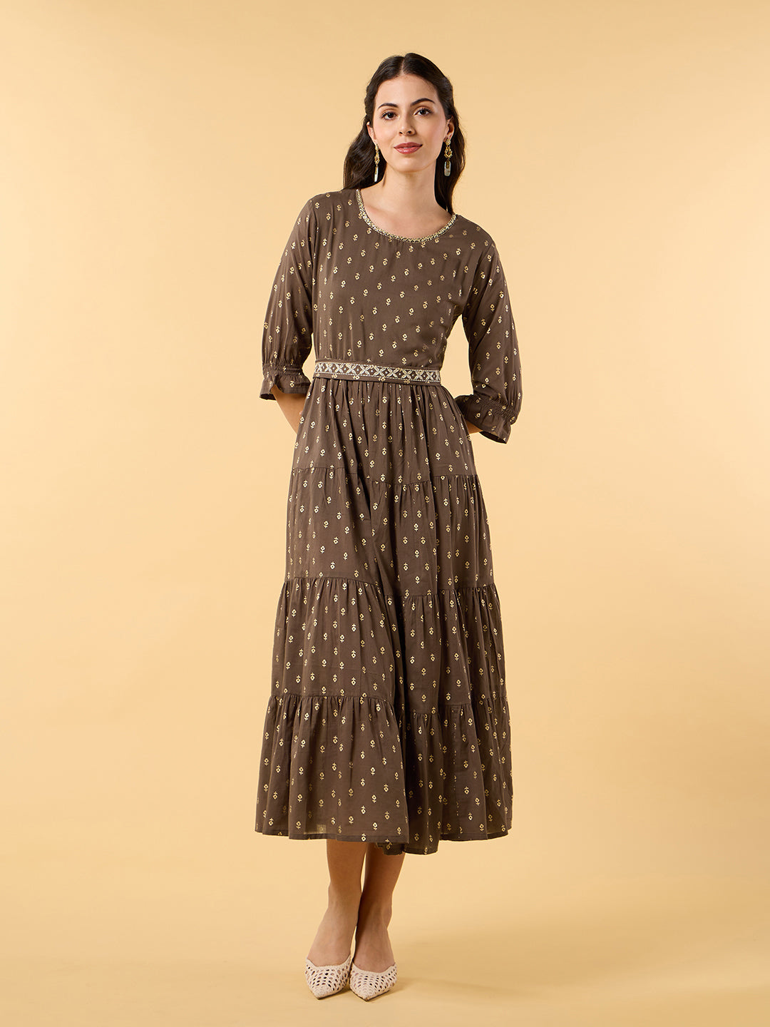 Blooming Elegance Brown Printed Dress