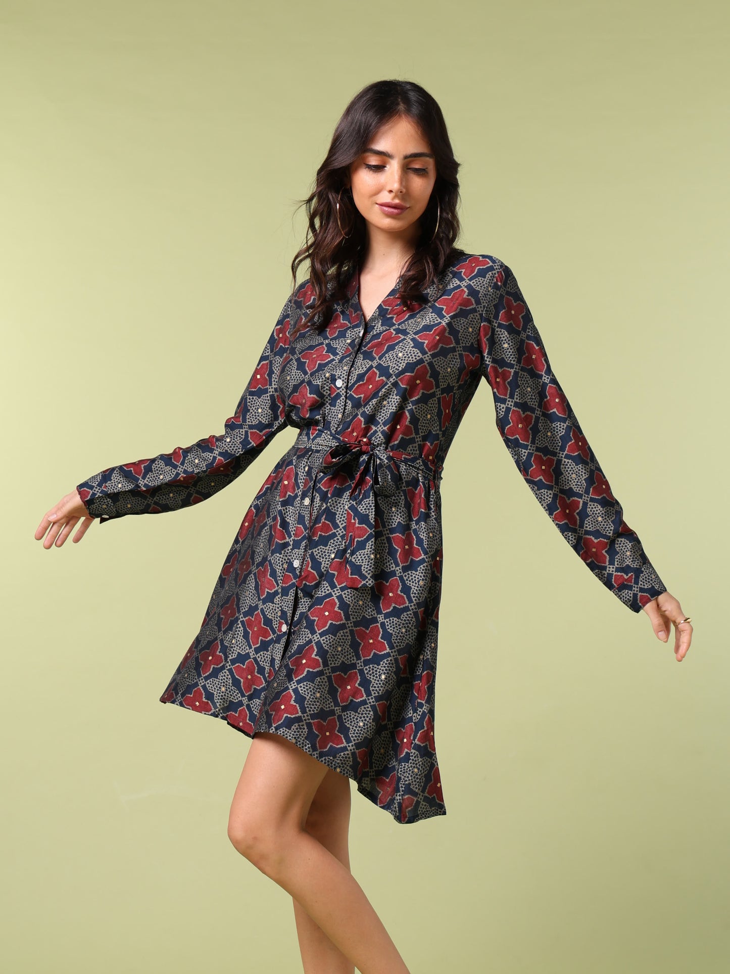 Vibrant Roots Floral Geometric Print Shirt Dress