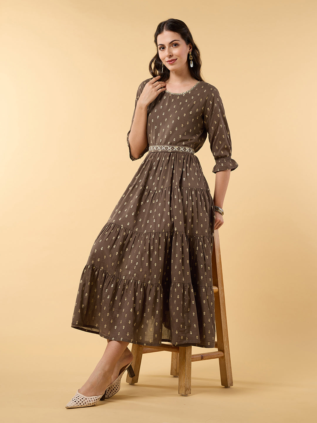 Blooming Elegance Brown Printed Dress