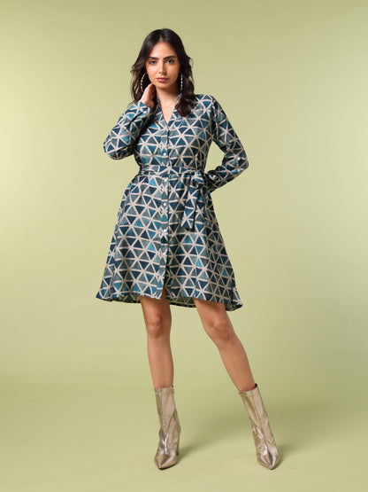 Vibrant Roots Geometric Print Shirt Dress with Waist Tie