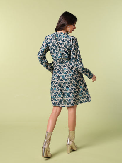 Vibrant Roots Geometric Print Shirt Dress with Waist Tie