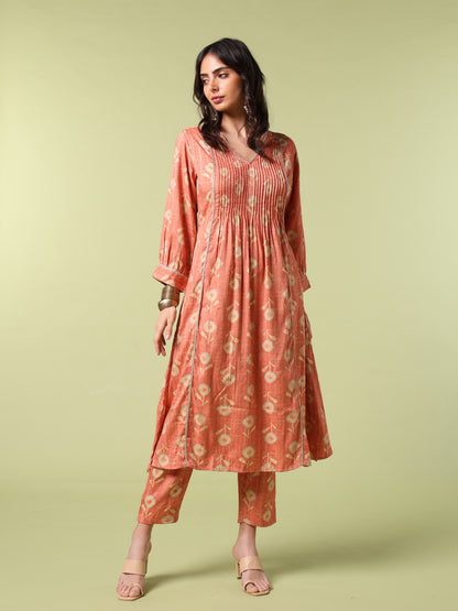 Vibrant Roots Orange Blossom Floral Print Kurta Set