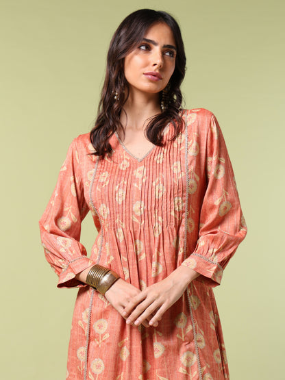 Vibrant Roots Orange Blossom Floral Print Kurta Set