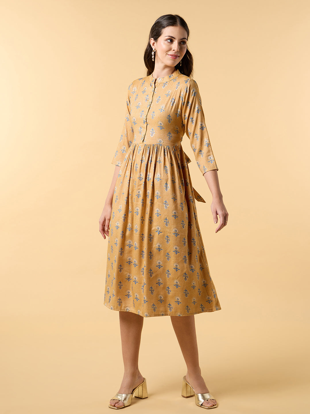 Blooming Elegance Mustard Tie up Dress