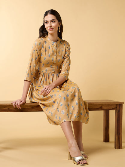 Blooming Elegance Mustard Tie up Dress