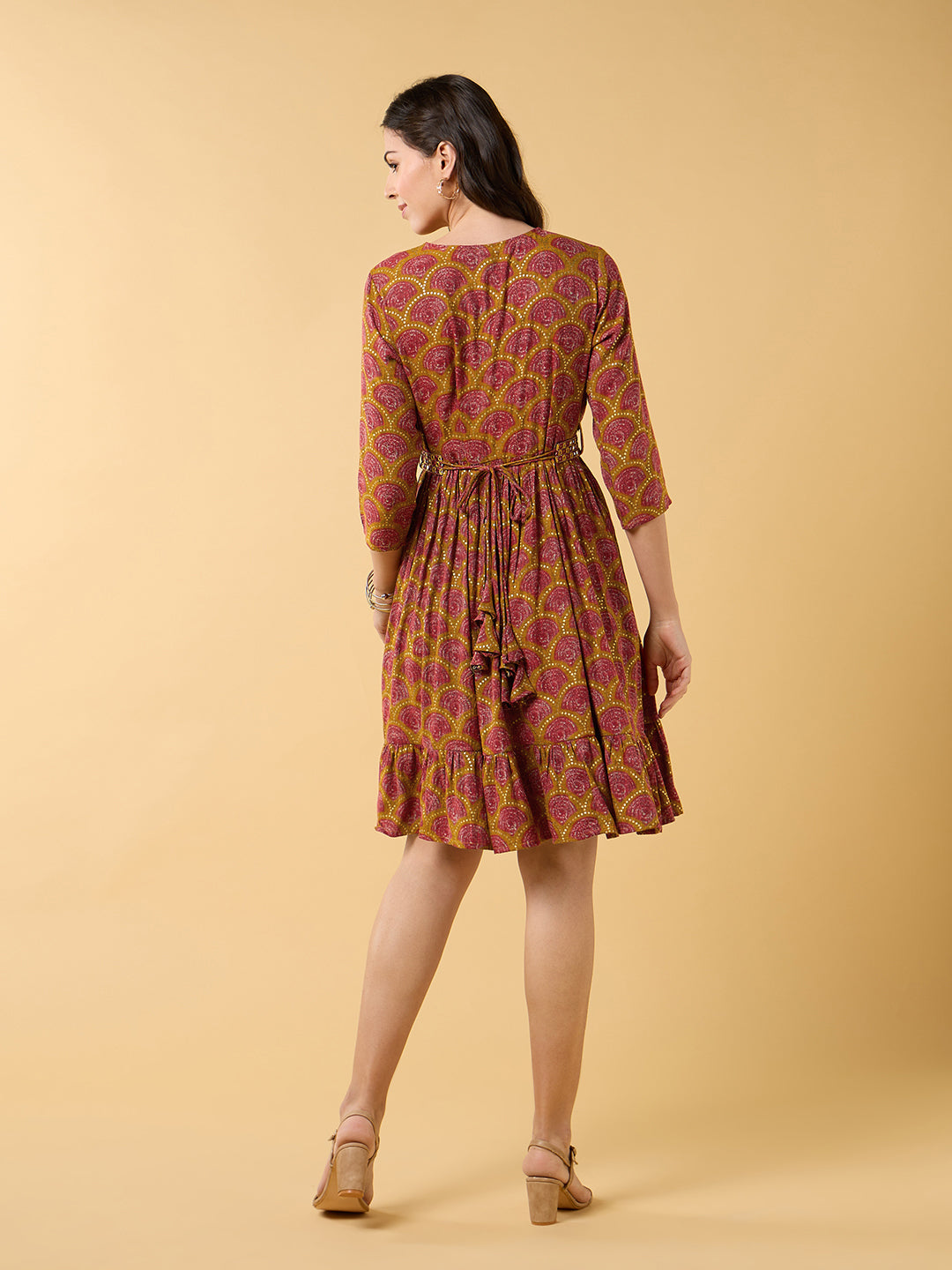 Blooming Elegance Belted Mustard Dress