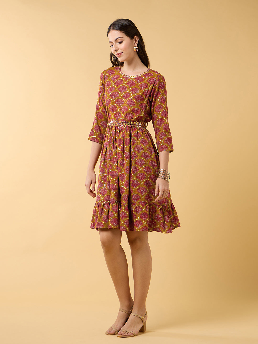 Blooming Elegance Belted Mustard Dress