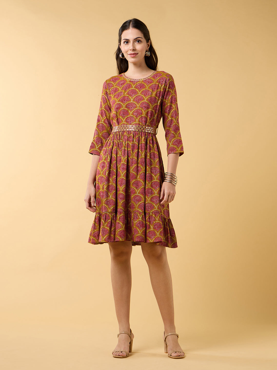 Blooming Elegance Belted Mustard Dress