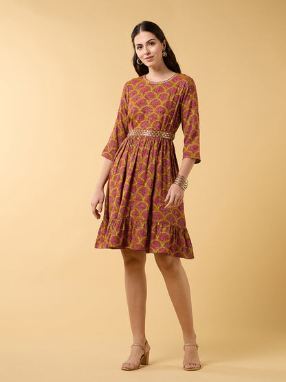 Blooming Elegance Belted Mustard Dress