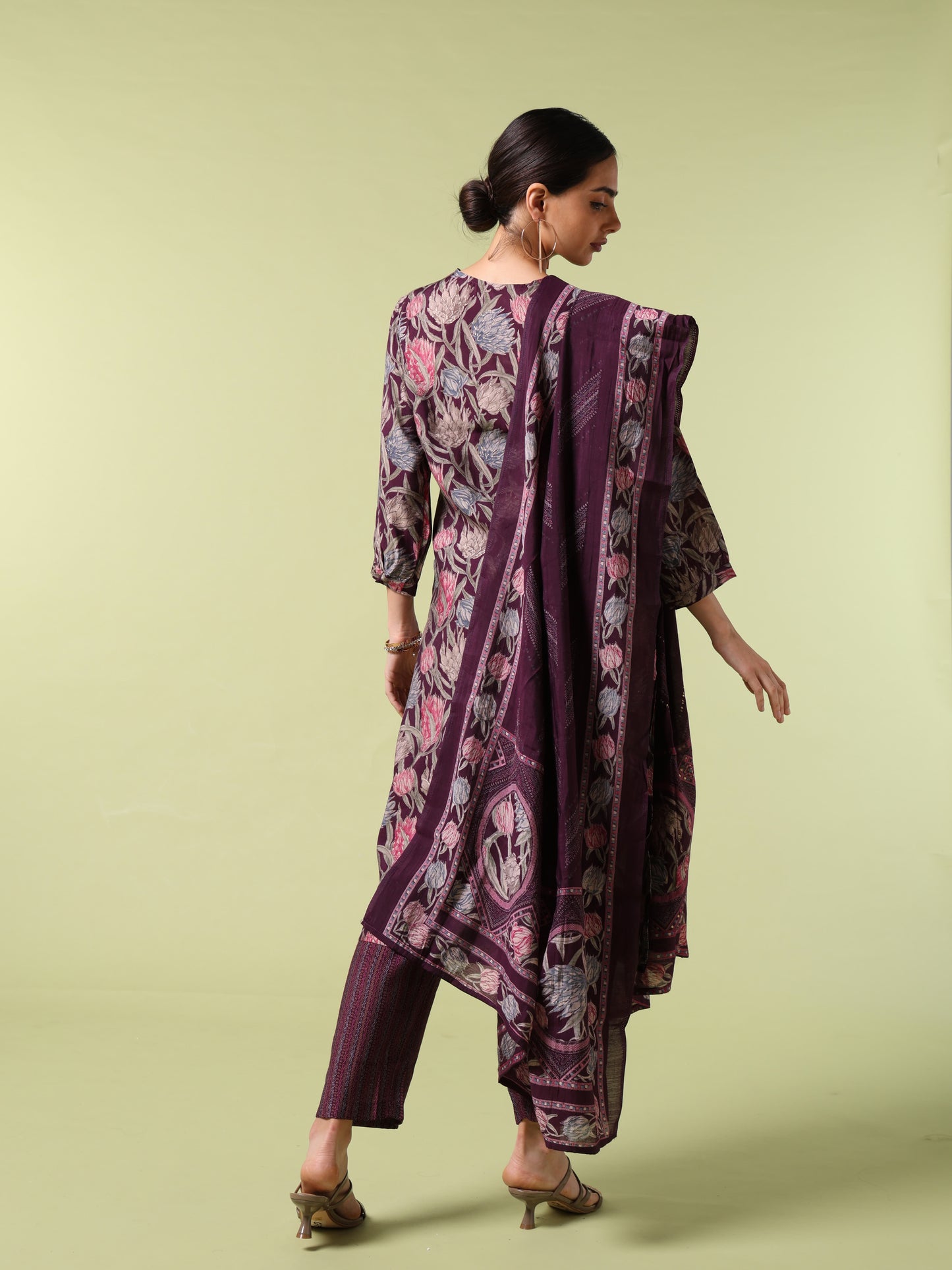 Vibrant Roots Floral Printed Purple Kurta set With Dupatta