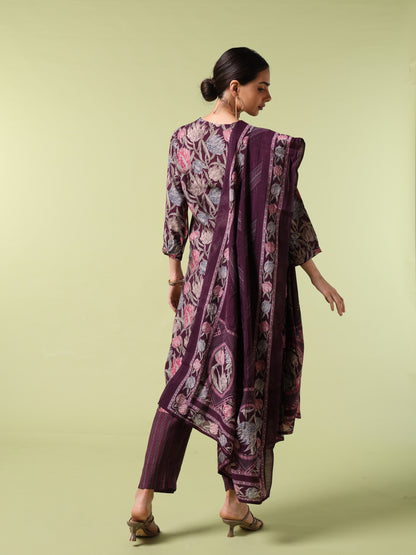 Vibrant Roots Floral Printed Purple Kurta set With Dupatta