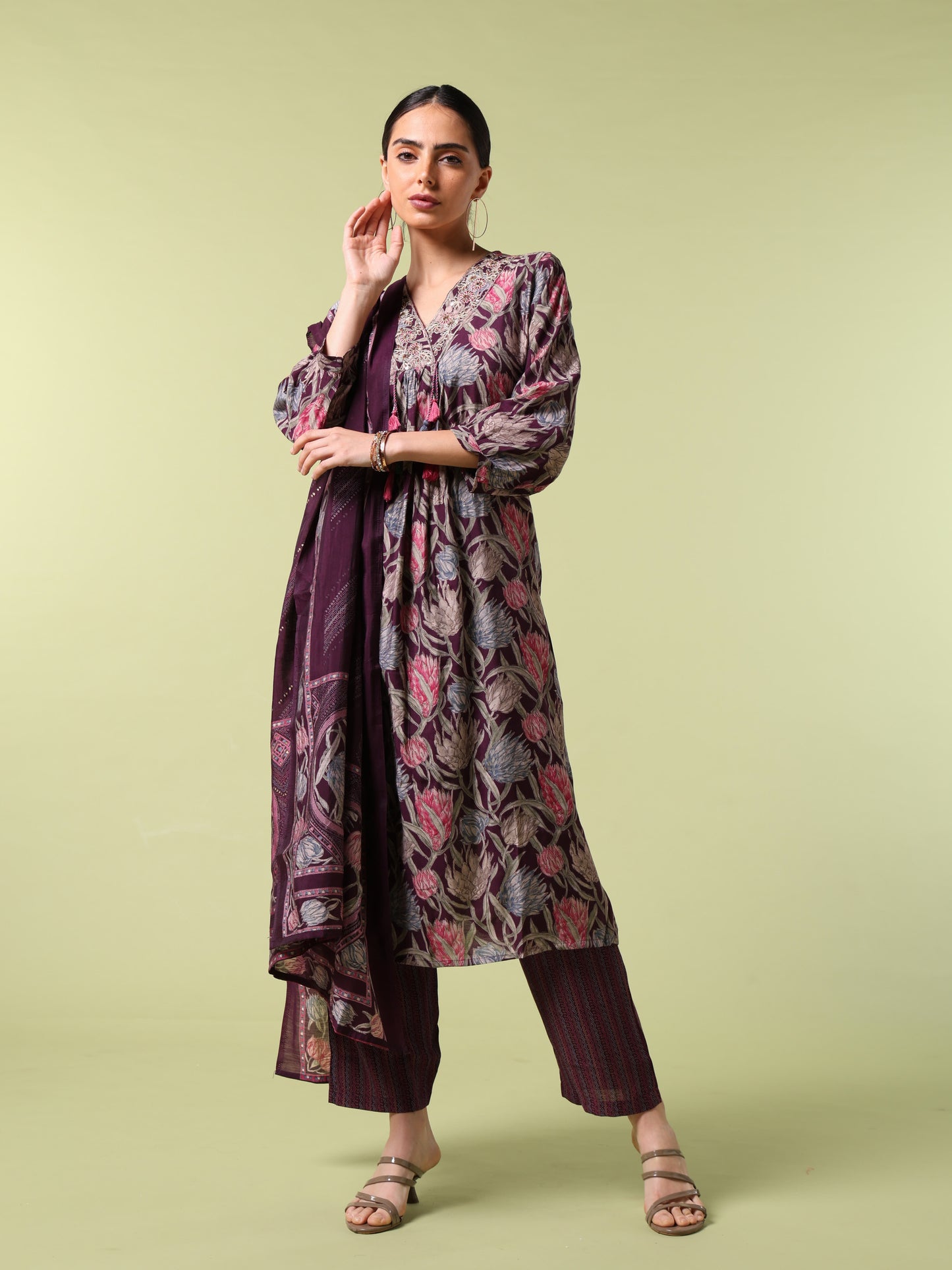 Vibrant Roots Floral Printed Purple Kurta set With Dupatta