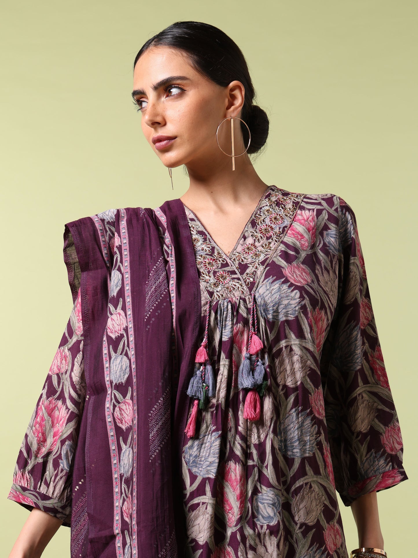 Vibrant Roots Floral Printed Purple Kurta set With Dupatta