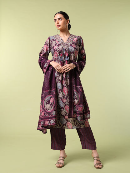 Vibrant Roots Floral Printed Purple Kurta set With Dupatta