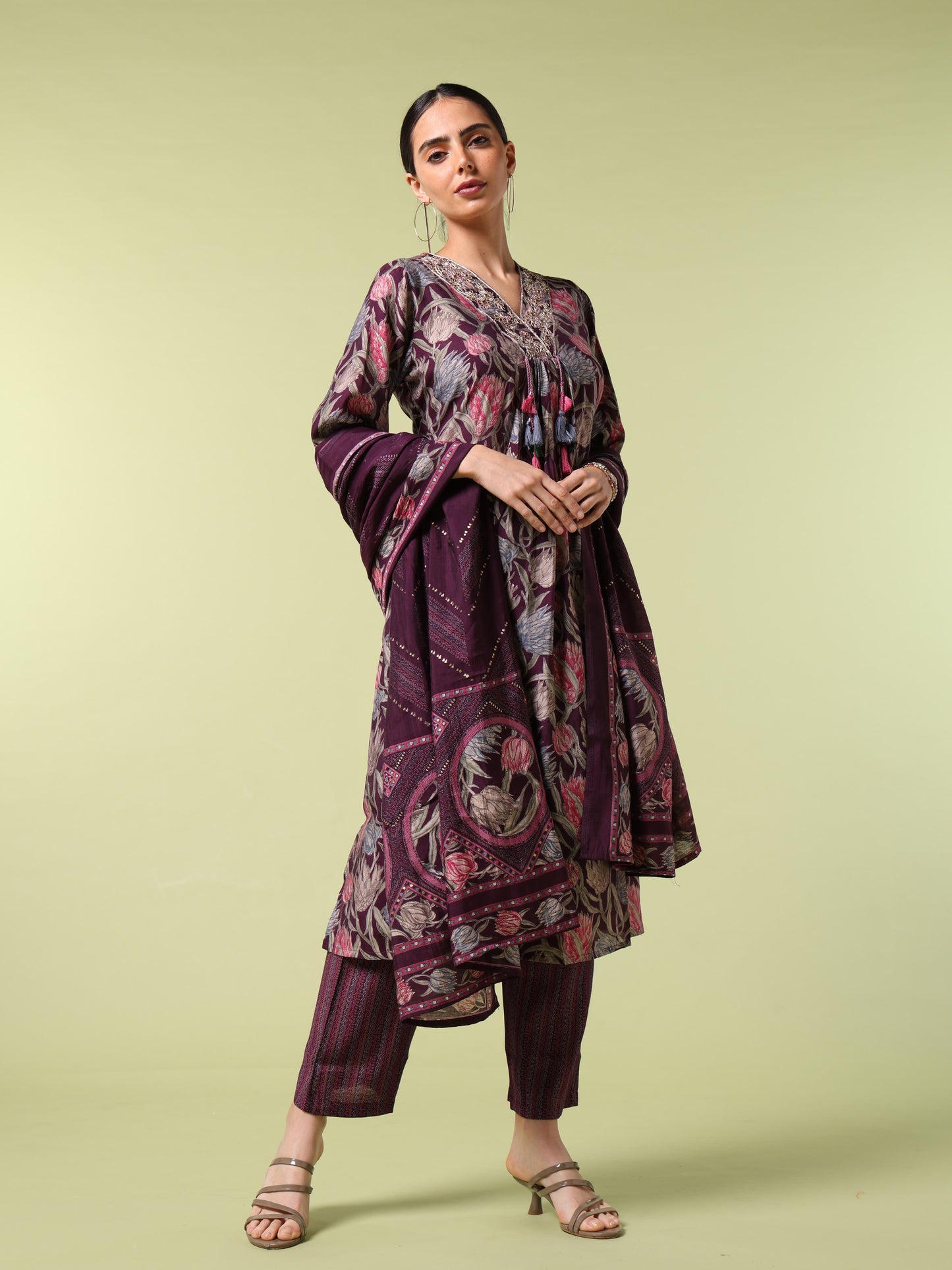 Vibrant Roots Floral Printed Purple Kurta set With Dupatta