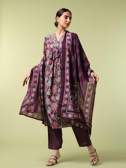 Vibrant Roots Floral Printed Purple Kurta set With Dupatta