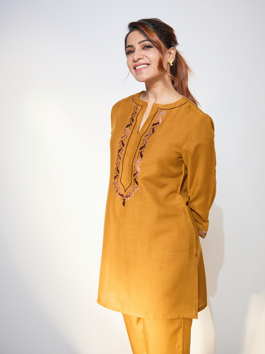 Ornate Oasis Mustard Embroidered Kurta Set