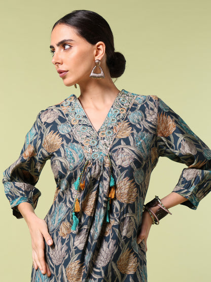 Vibrant Roots Embroidered Floral Kurta with Tassel Detailing