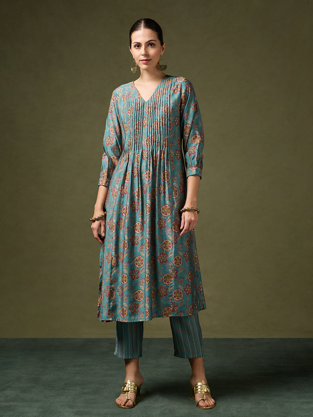 Blooming Melodies Floral Teal Kurta Set