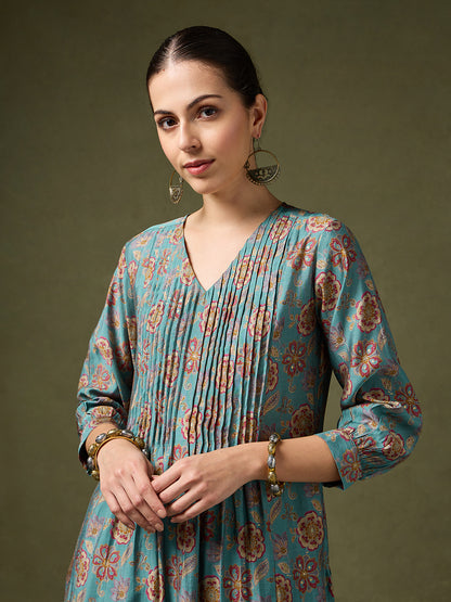 Blooming Melodies Floral Teal Kurta Set