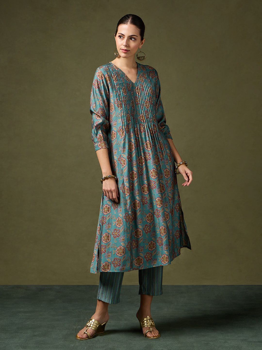 Blooming Melodies Floral Teal Kurta Set