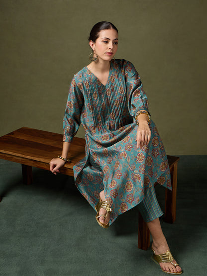 Blooming Melodies Floral Teal Kurta Set