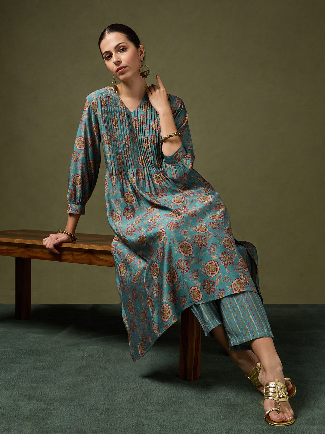 Blooming Melodies Floral Teal Kurta Set