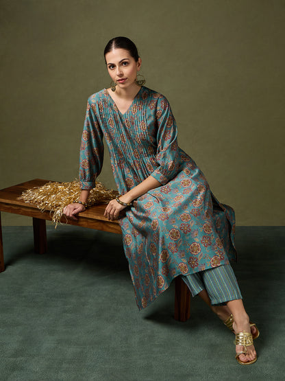 Blooming Melodies Floral Teal Kurta Set