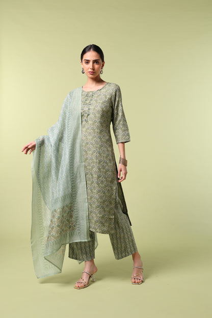 Vibrant Roots Mint Green Printed Kurta Set with Dupatta